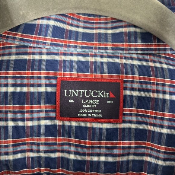Untuckit Cormons Button Down Shirt Mens Size Large Red White Blue Plaid Slim Fit - Picture 4 of 10